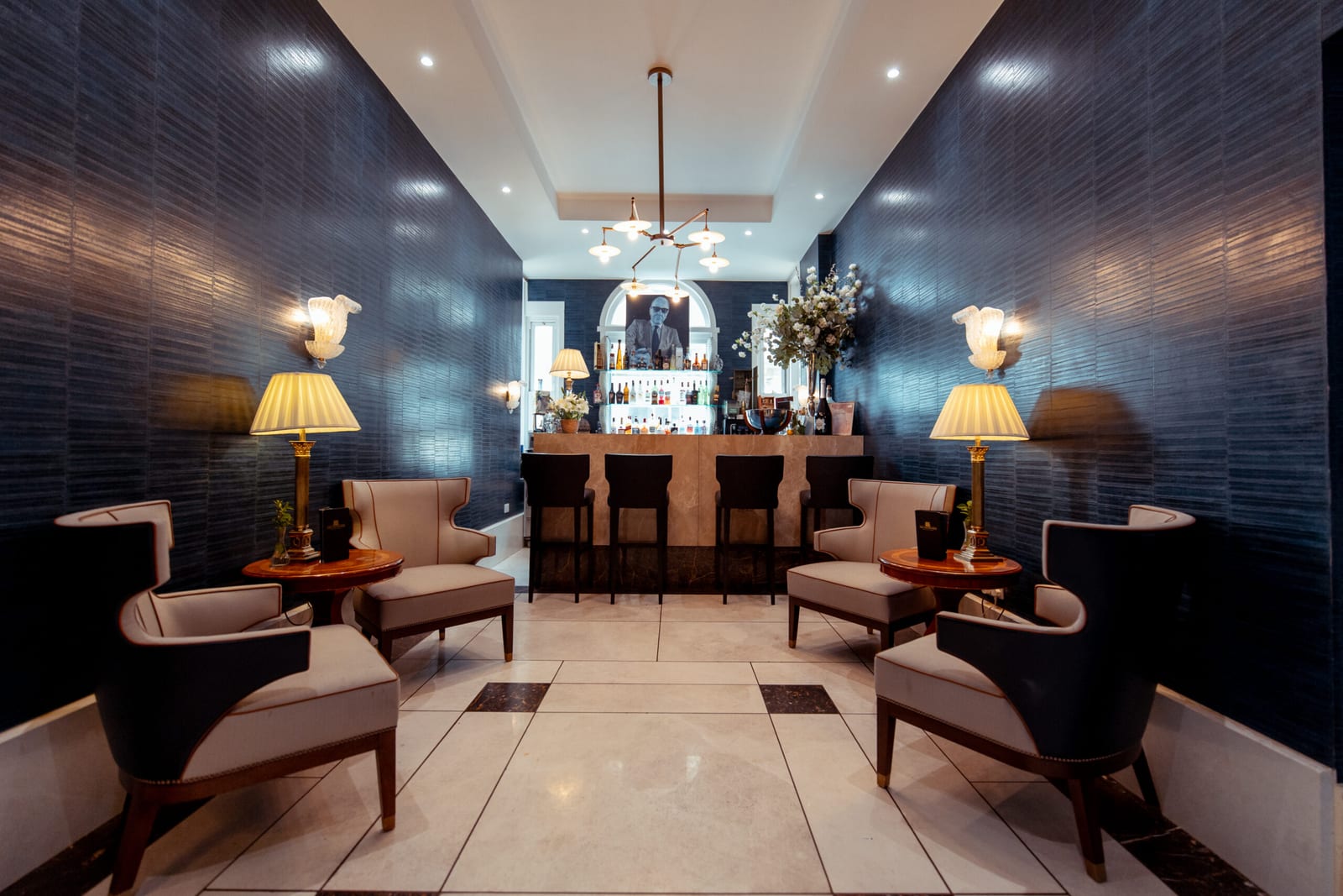 The navy panelled piano bar at The Chatsworth Hotel in Eastbourne